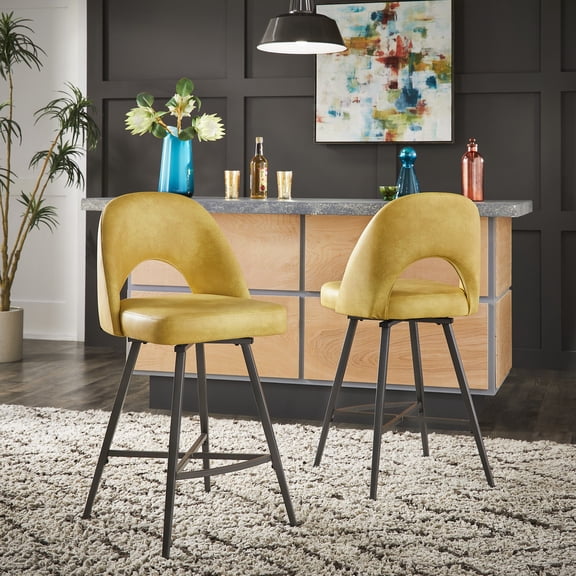 iNSPIRE Q Krista Mid-Century Modern Iron Grey Finish PU Swivel Counter Height Bar Stools, Yellow (Set of 2)