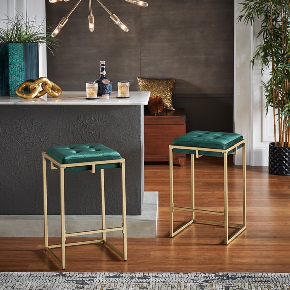 iNSPIRE Q Oddie Glam Gold Finish Velvet Counter Height Bar Stools, Dark Green (Set of 2)