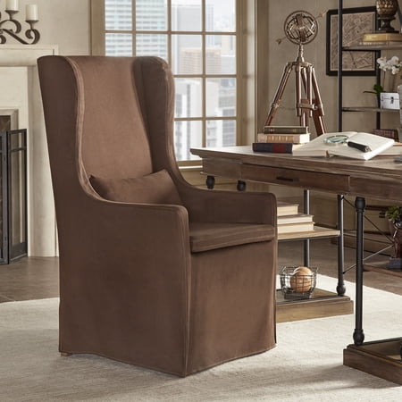 iNSPIRE Q Josephine Farmhouse Light Distressed Natural Finish Linen Parson Chair, Brown Cotton Fabric Chair Cover & Beige