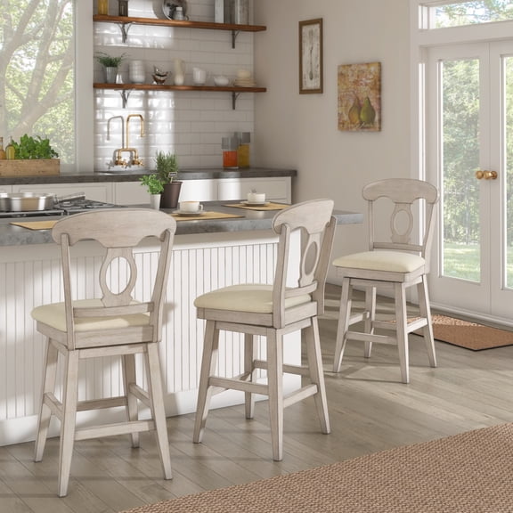 iNSPIRE Q Sheena Transitional Linen Swivel Counter Height Bar Stools, Antique White