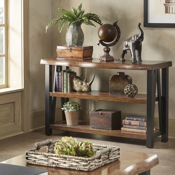 iNSPIRE Q Tiana Industrial Live Edge Console Table with Shelf, Brown