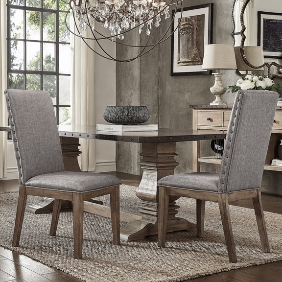 iNSPIRE Q Kirk Contemporary Nailhead Light Distressed Natural Finish Linen Dining Chair, Grey (Set of 2)