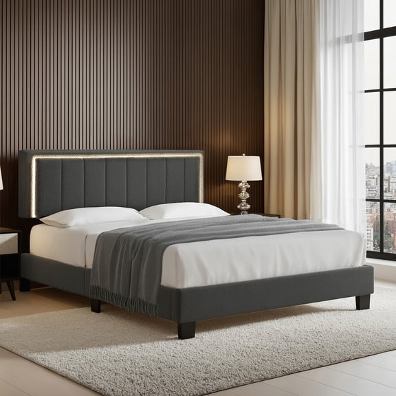 iNSPIRE Q Zayra Queen Boucle Platform Bed with LED Channel Headboard, Charcoal