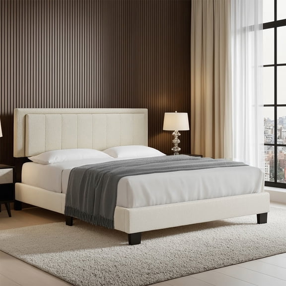 iNSPIRE Q Zayra Queen Boucle Platform Bed with LED Channel Headboard, Cream
