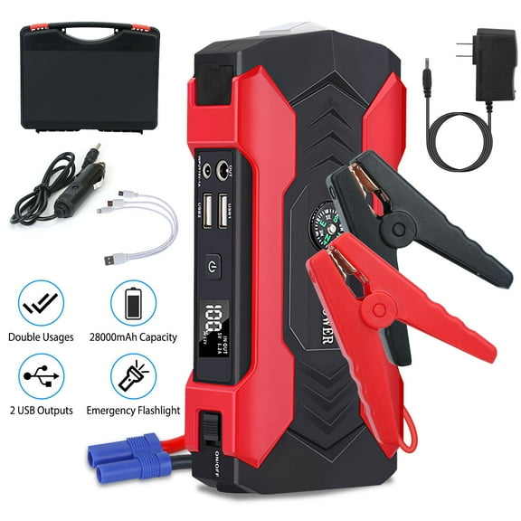 iNova 800A Car Jump Starter, 28000mAh Power Bank, LED Flashlight, 2 USB Ports, Black/Red