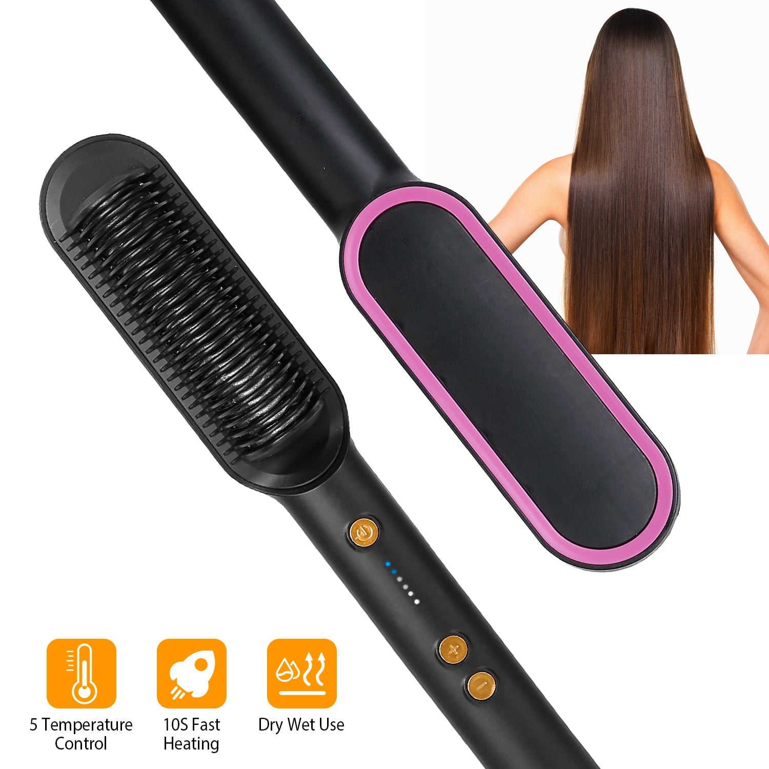 iNova Hair Straightener Brush 2 in 1 Ionic Fast Heating Straightening Brush with Built in Comb Anion Ceramic Tech with 5 Temperature Adjustment