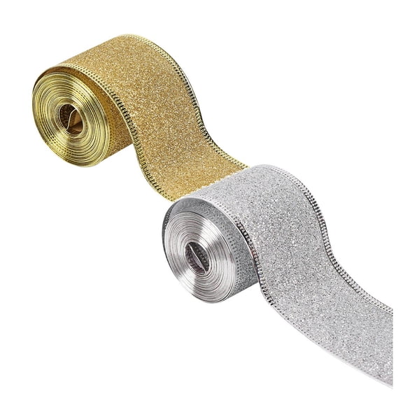 iOPQO 2PC Room Decor Wide Shimmers Christmas Ribbon With Gold Wired Edge Glitter Metallic Gift Wrapping Ribbons For Xmas Gift Package Wrapping Winter Season Festival DIY Crafts Decor Home Decor