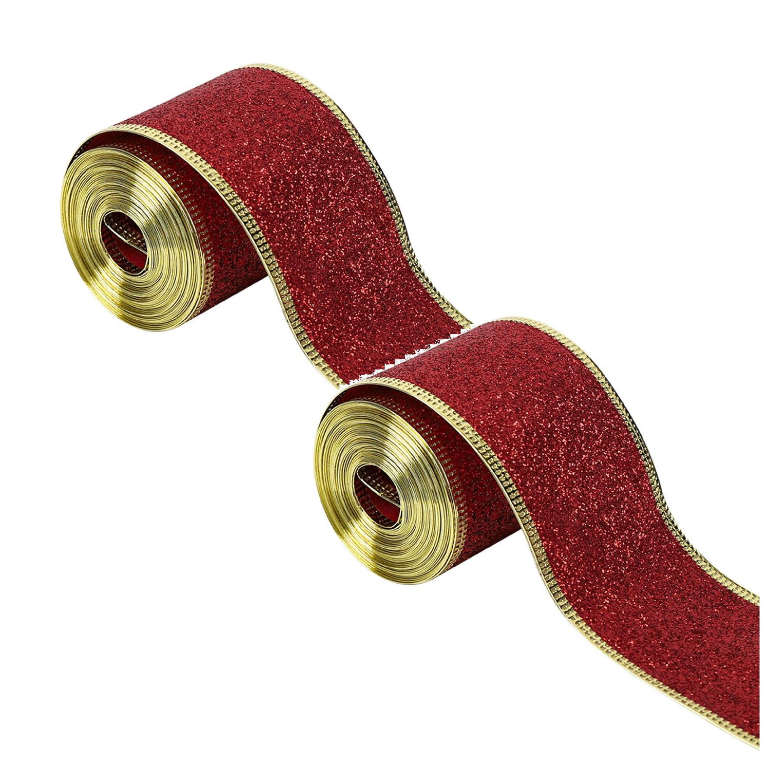 iOPQO 2PCS Room Decor Wide Shimmers Christmas Ribbon With Gold Wired Edge Glitter Metallic Gift Wrapping Ribbons For Xmas Gift Package Wrapping Winter Season Festival Diy Crafts Decor Home Decor