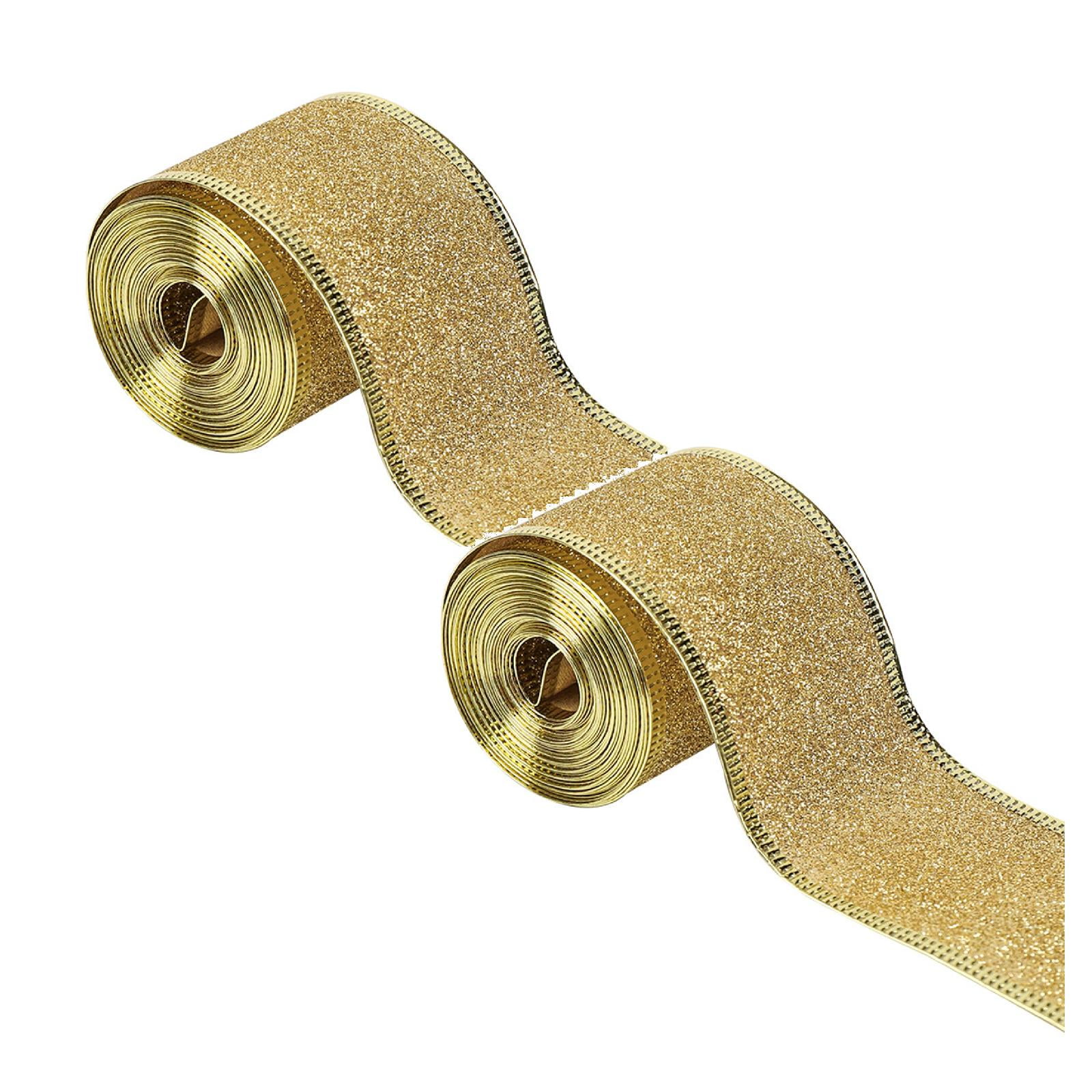iOPQO 2PCS Room Decor Wide Shimmers Christmas Ribbon With Gold Wired Edge Glitter Metallic Gift Wrapping Ribbons For Xmas Gift Package Wrapping Winter Season Festival Diy Crafts Decor Home Decor