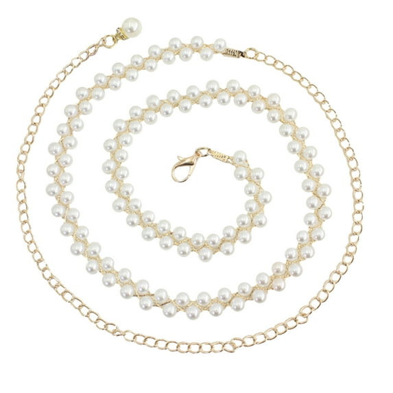 iOPQO Belt Women Hook Adjustment Pearl Waist Chain Decorative Dress Waist Small Fragrance Thin Belt Sweet Chain Pearl Belt Gold