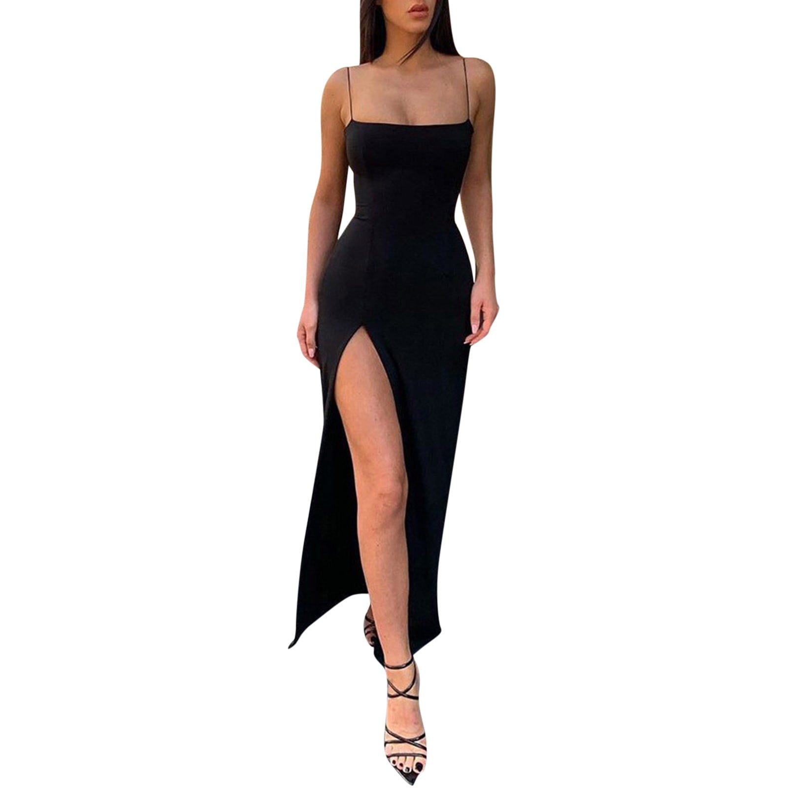 iOPQO Black Dresses Maxi Evening Dress Long Women For Dress Neck Lash Women Dress Slim S Solid Party Dress Sundress Split Dress Party Strap Elegant Club Dress For