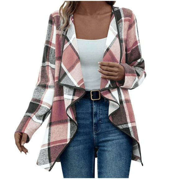 iOPQO Checkered Cardigan Open Front Cardigan for Women's Outerwear Spring Cardigan Casual Outerwear Womens Open Front Cardigan Fall Cardigans for Women Light Pink XL