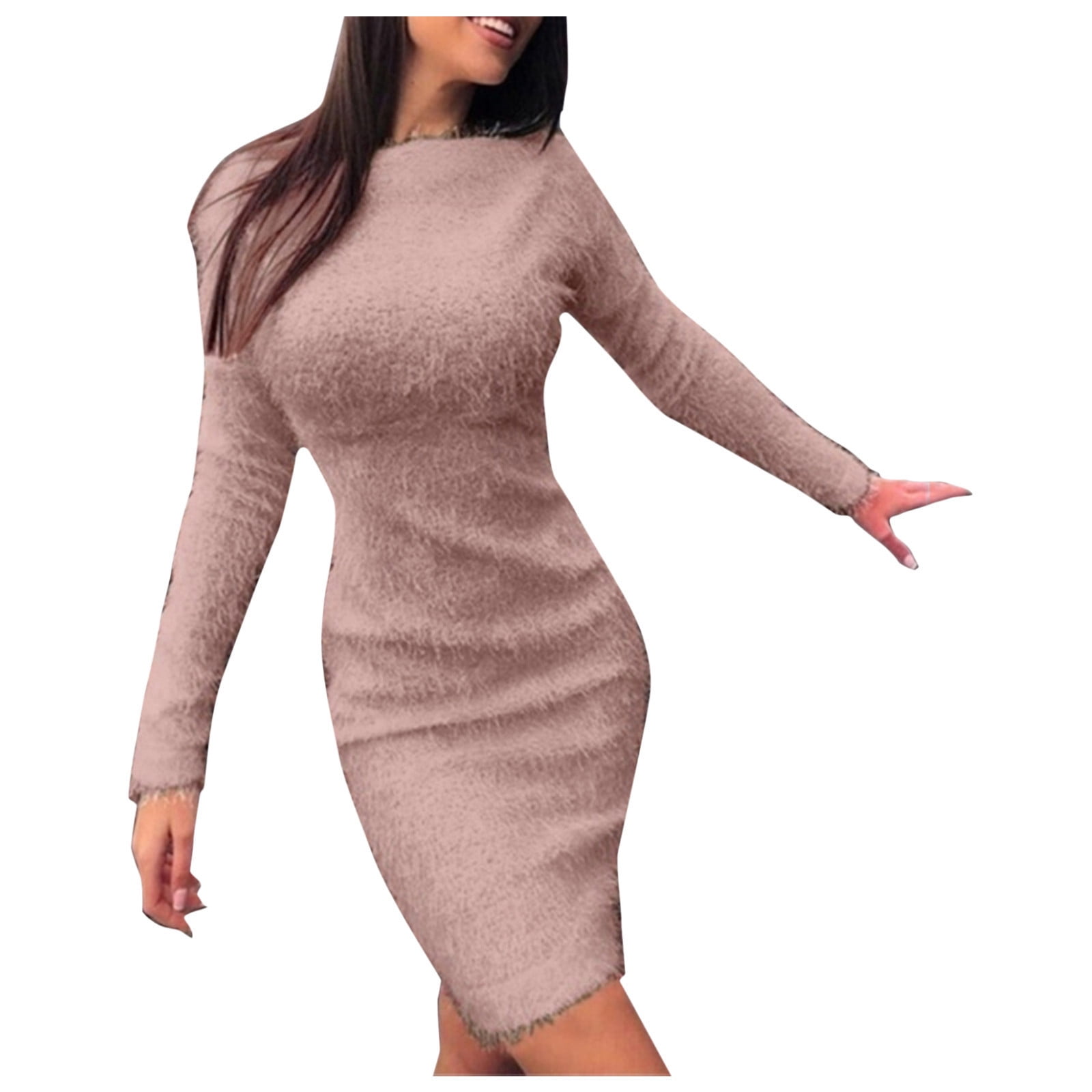 iOPQO Cocktail Dress For Women Skims Dress Women's Fitted Crewneck Solid  Color Dress Long Sleeve Plush Seamed Sweater Dress Wrap Dress Blue M 