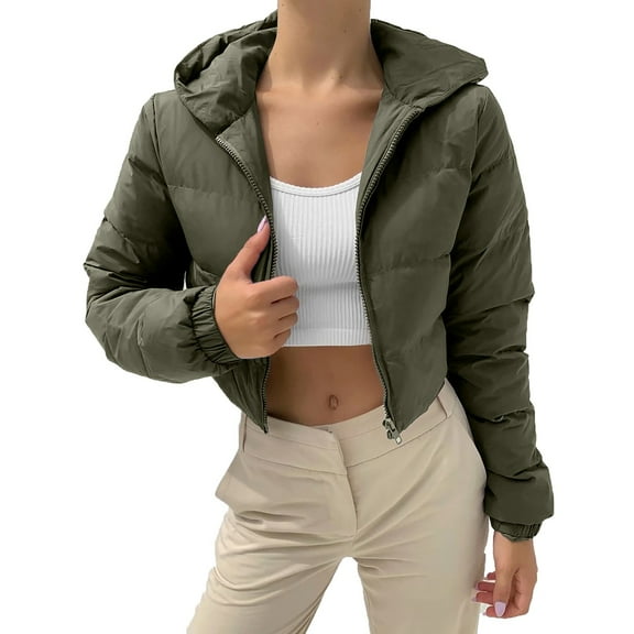 iOPQO Cropped Puffer Jacket Packable Puffer Jacket Women Short Jackets for Women Warm Winter Coats for Women Stand Collar Jacket Women Puffer Coat Women Womens Zip Up Jacket Green 2 L
