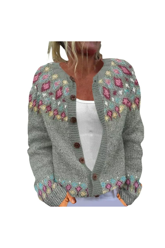 Fair Isle Sweater Women Cardigan Sweaters for Women Knit Cardigan Open Front Cardigan for Women's Outerwear Vintage Sweater Fisherman Sweater Women Dark Gray L