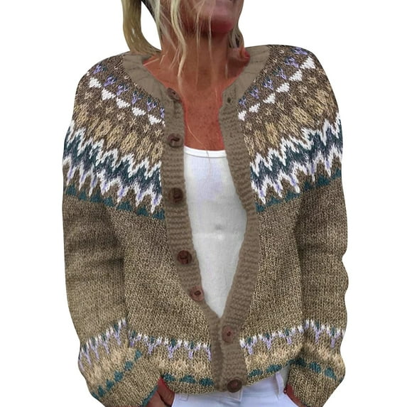 iOPQO Fair Isle Sweater Women Sweater Cardigan Button Up Sweaters for Women Knitted Cardigan Women's Outerwear Fall Cardigans for Women Vintage Sweater Brown S