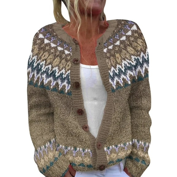 iOPQO Fair Isle Sweater Women Sweater Cardigan Button Up Sweaters for Women Knitted Cardigan Women's Outerwear Fall Cardigans for Women Vintage Sweater Brown S