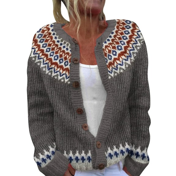iOPQO Fair Isle Sweater Women Womens Cardigan Sweaters Knitted Cardigan Button Sweaters for Women Cute Cardigans for Women Winter Cardigan for Women Fisherman Sweater Women Dark Gray S