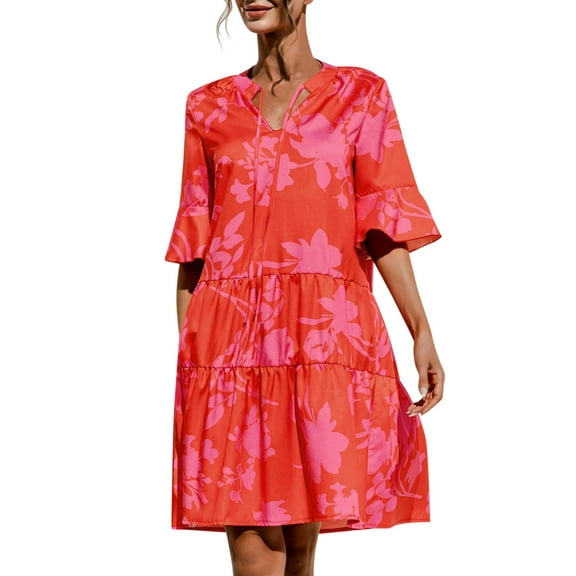 iOPQO Fall Dress Casual Dresses For Women 3/4 Puff Sleeves Ruffle Mini Dress V Neck Solid Pleated Dresses Summer Dress