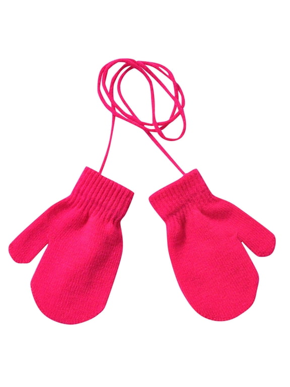 Gloves Mittens Children Winter Warm Solid Knitted Cute With String Gloves towel Hot pink