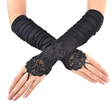 iOPQO Gloves Mittens for Evening Flapper Elegant Women Satin 1920s Gloves Opera Elbow Length Gloves towel Black
