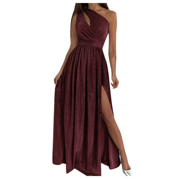 iOPQO Homecoming Dresses 2023 Prom Dress Women Long One Shoulder Elegant Evening Dress Fashion Elegant Dress Party Festive Party Dress With Slit Women's Formal Dresses Wine S