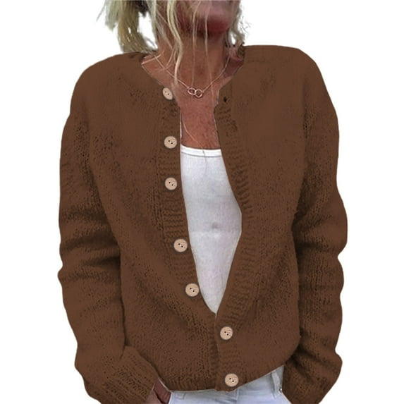 iOPQO Ladies Cardigan Sweaters Open Front Cardigan for Women Button Up Cardigan Casual Outerwear Cute Cardigans for Women Vintage Cardigan Womens Cardigan Coffee L