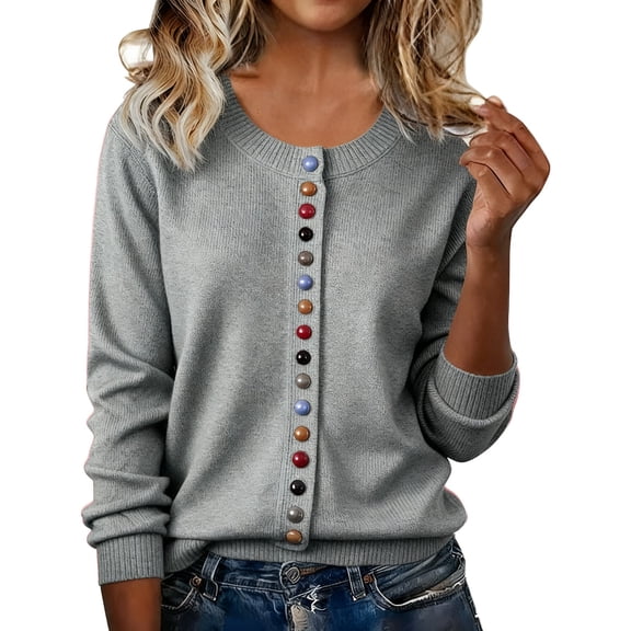 iOPQO Lightweight Cardigans for Women Cardigan Sweater Womens Cardigan Knit Sweater Crew Neck Sweater for Women Button Up Sweaters for Women Fall Cardigans for Women Gray L