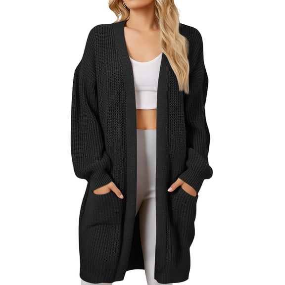 iOPQO Long Cardigan Sweaters for Women Open Front Cardigan for Women Oversized Sweater Soft Cardigans for Women Open Front Tops for Women Knit Cardigan Knitted Cardigan Black L
