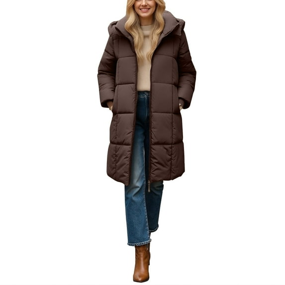 iOPQO Long Puffer Coat Women Long Winter Jackets for Women Parkas for Women Warm Clothes for Women Hooded Jacket Women Puffy Jackets Women Womens Zip Up Jacket Coffee M