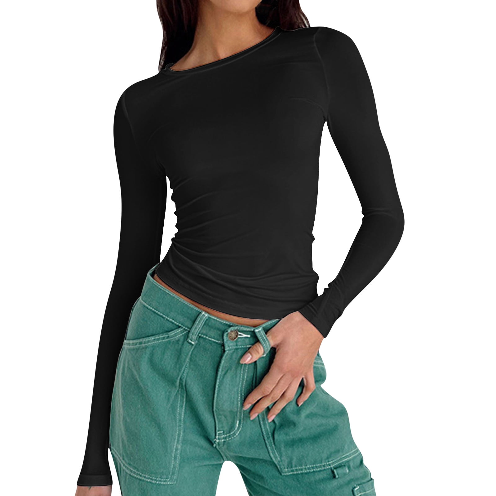 iOPQO Long Sleeve Tops Compression Shirt Women Crewneck