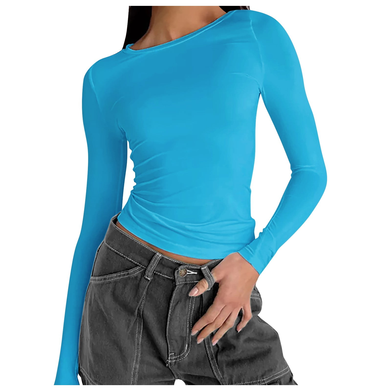 iOPQO Long Sleeve Tops Compression Shirt Women's Solid Color Rround Neck T  Shirt Hot Girl Slim Long Sleeve Shirt Top Blouse Womens Tops Blue L 