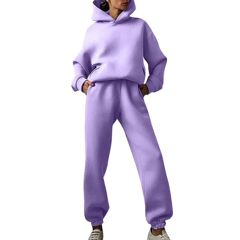 Purple Workout Top and Bottom Set With Hooded Long Sleeve Shirt and  Matching Joggers, Winter Gym Clothes for Women, Sporty Loungewear Set 