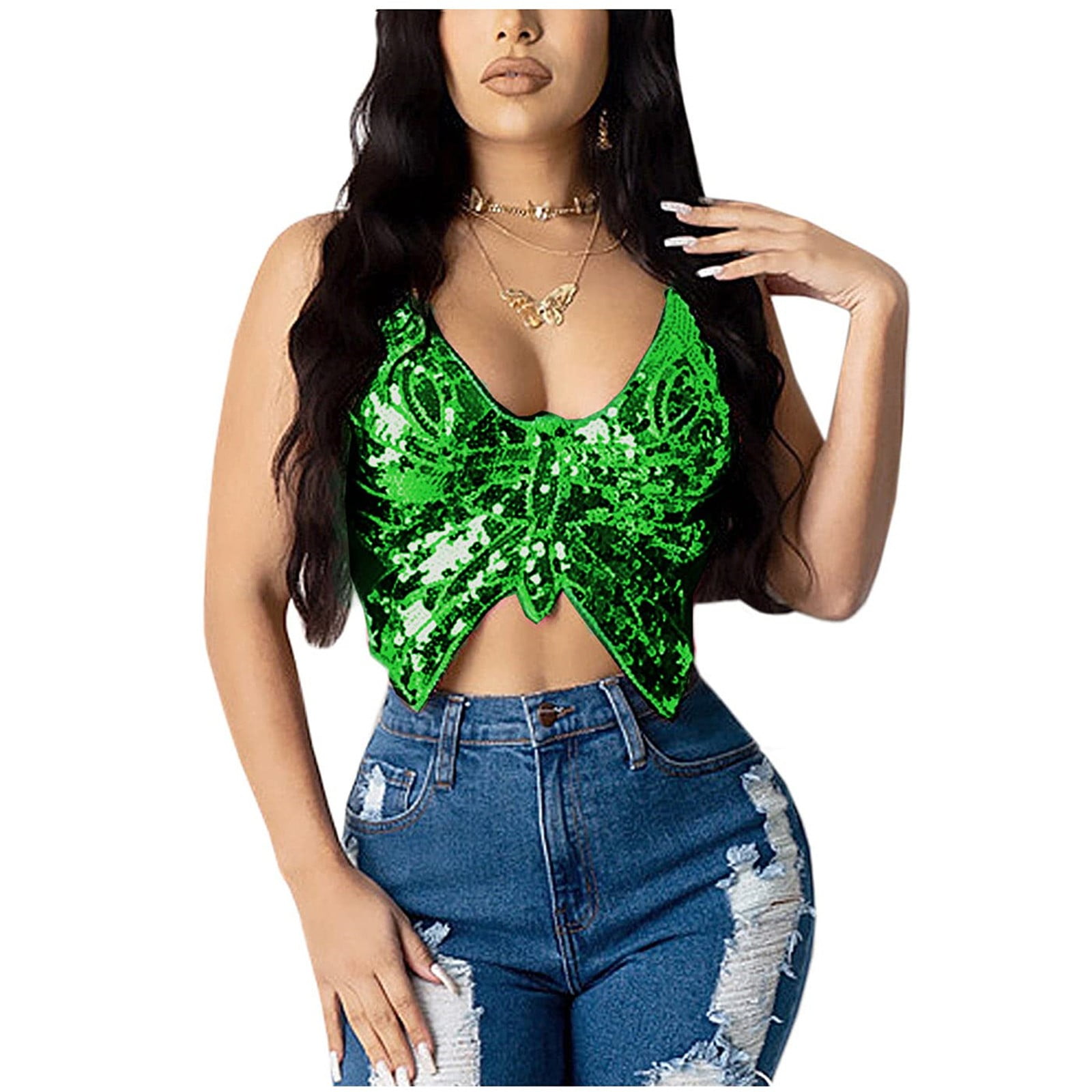 iOPQO Mardi Gras Outfit Mardi Gras Shirts Women's Tanks Women's Sparkly  Sequin Crop Top Bandage Bra Belly Dance Vest Tank Costume Outfits Green One  Size 