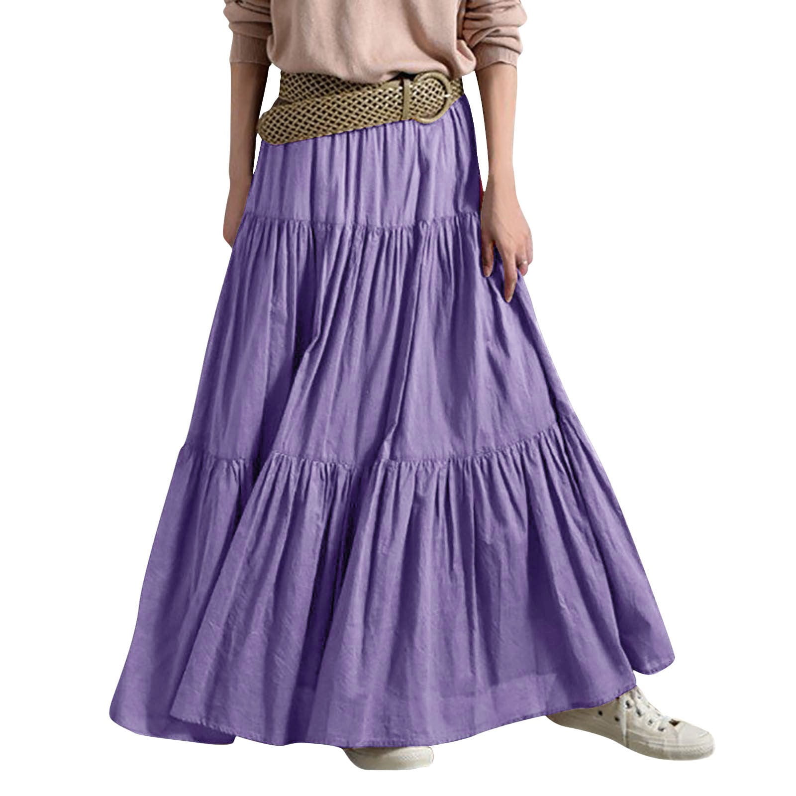 Aayomet Maxi Skirts For Women Women Floral Print Elastic Waist Band Midi  Skirt Double Layer Puffy Princess Skirt,Purple Small 