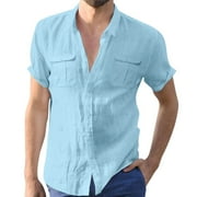 iOPQO Men Shirts Male Casual Solid Shirt Double Pocket Short Sleeve Turn-Down Collar Shirts Blue L