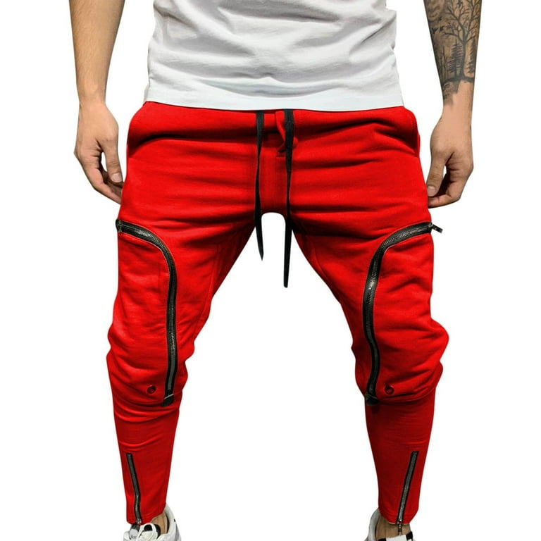 iOPQO Mens Pants Jeggings Trousers Mid-Waist Men'S Drawstring Pocket Men'S  Casual Zipper Sweatpants Men'S Pants Men'S Pants Red L 