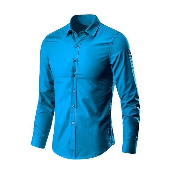 iOPQO Mens Shirts Men's Fashion Business Leisure Lapel Pure Color Long-sleeved Shirt Top BlouseMens Dress Shirts Long Sleeve Shirts For Men Blue XL