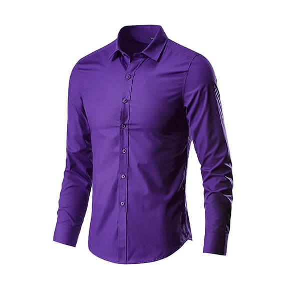 iOPQO Mens Shirts Men's Fashion Business Leisure Lapel Pure Color Long-sleeved Shirt Top BlouseMens Dress Shirts Long Sleeve Shirts For Men Purple 5XL
