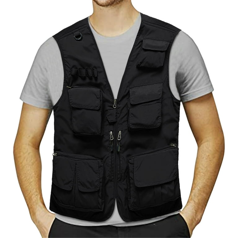 iOPQO Mens Vest Mens Jacket Field Pofessional Emergency Field Fishing Multi  Pocket Vest Safety Vest Coats For Men Black L