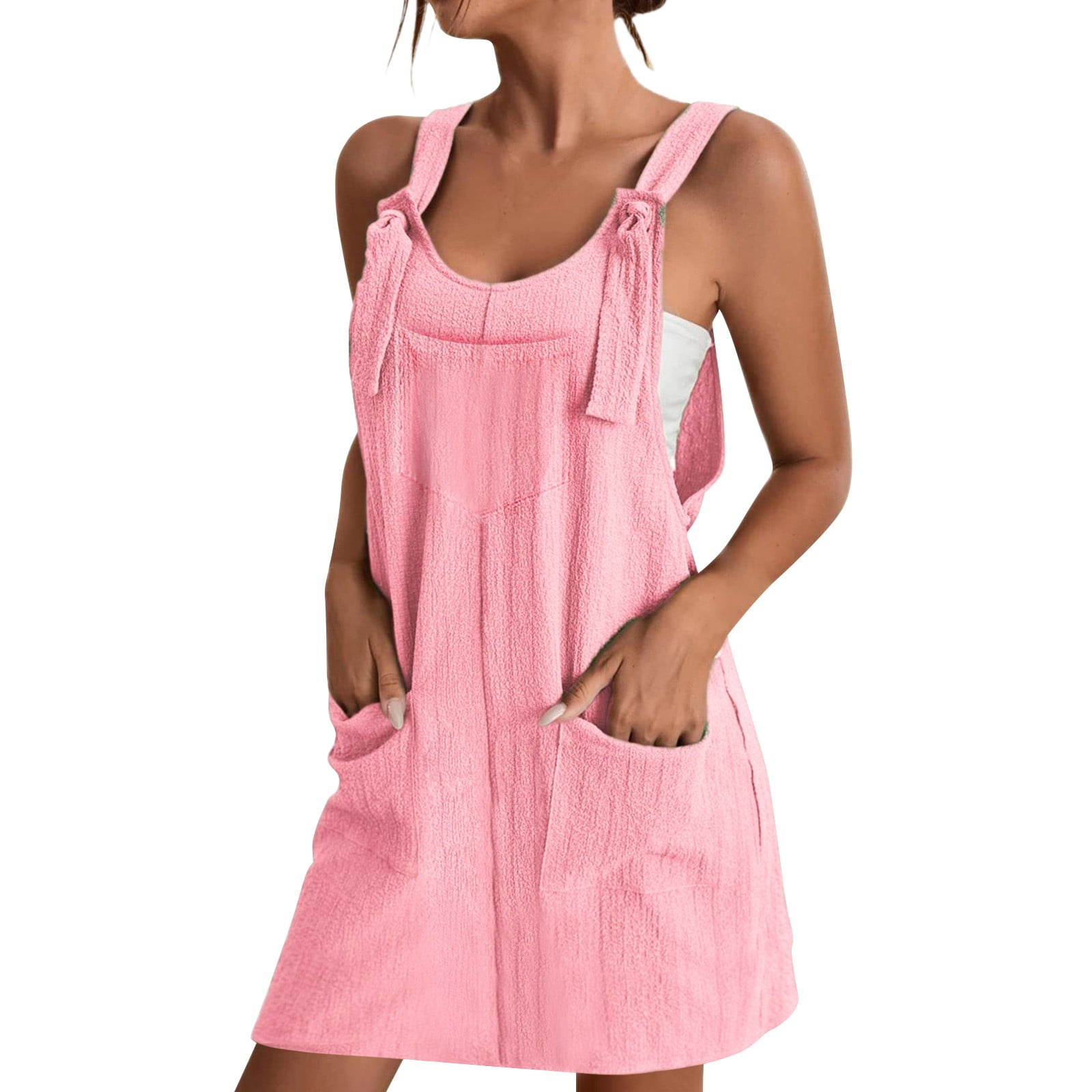 iOPQO Overalls Women Womens Dresses Women Soild Pinafore Square Apron Garden Work Pinafore Dress Suspender Dress Casual Dresses For Women Hot Pink S