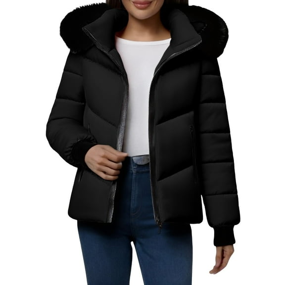 iOPQO Puffer Jacket Winter Parka for Women Winter Coats for Women Womens Puffer Coat Hooded Jacket Women's Outerwear Winter Coats for Women Puffer Black XS