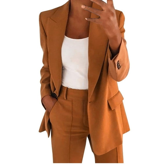 iOPQO Suits Lounge Sets For Women Women's Two Piece Lapels Suit Set Office Business Long Sleeve Button Formal Jacket + Pant Suit Suit Dress Pants Women Khaki XXL