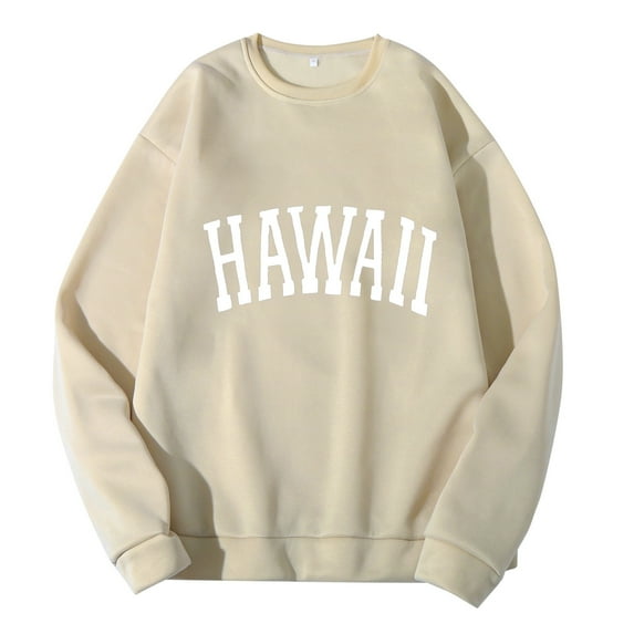 iOPQO Sweatshirt Tops Hawaii Men Women Letter Graphic Print Round Neck Long Sleeve Tops Sweatshirt Crewneck Sweatshirts Beige L