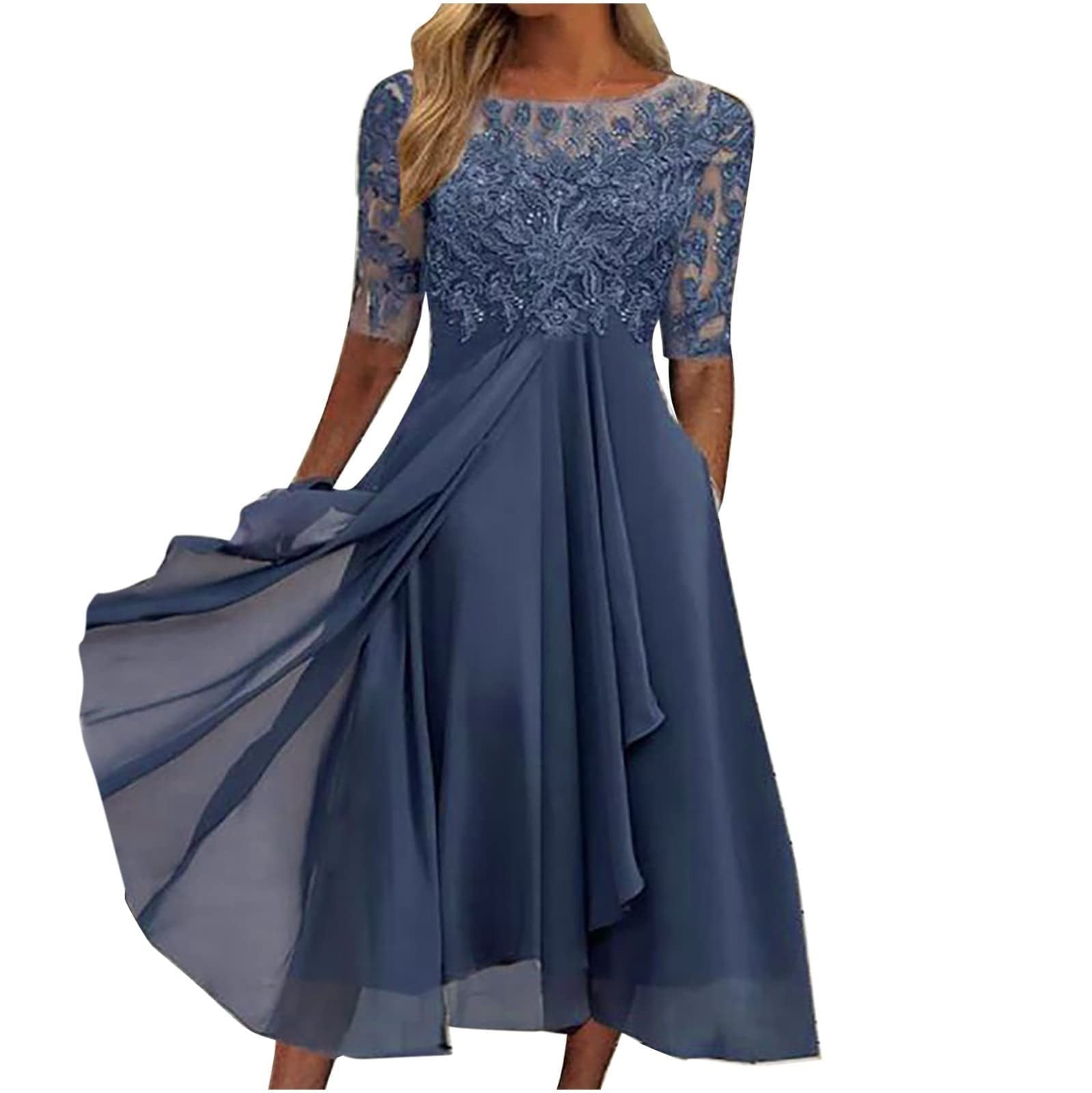 Iopqo Wedding Guest Dress Women's Tea Length Embroidery Lace Chiffon Dress Mock Dress Prom Dress Women Fall Dresses Blue 3XL