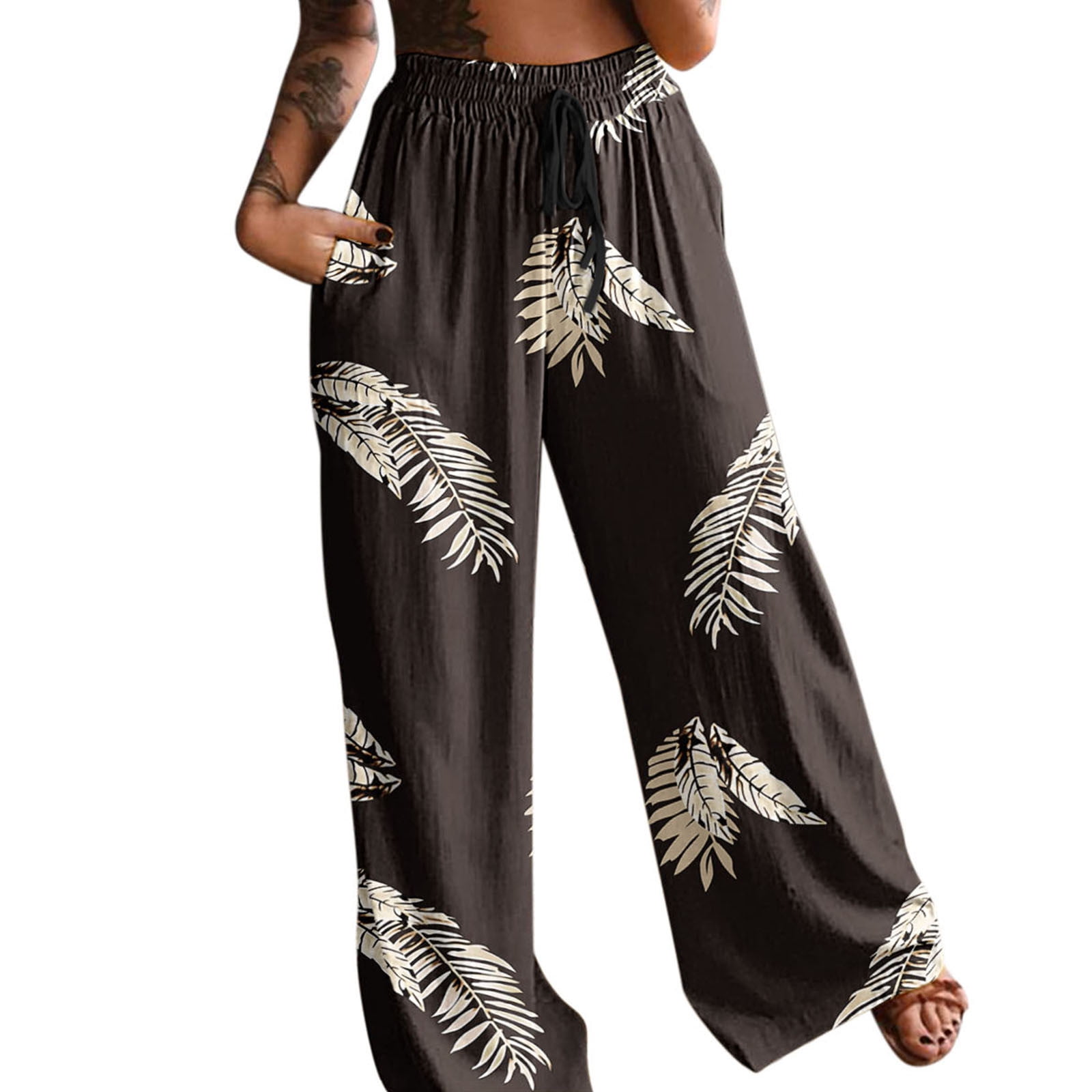 iOPQO Wide Leg Pants For Women Women High Waist Drawstring Feather 