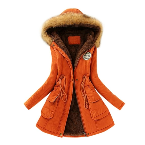 iOPQO Winter Coats for Women Warm Thickened Overcoat Warm Trendy Fleece Lined Hooded Snow Coat Fleece Jacket,Jackets for Women,Fall Outfits Orange L