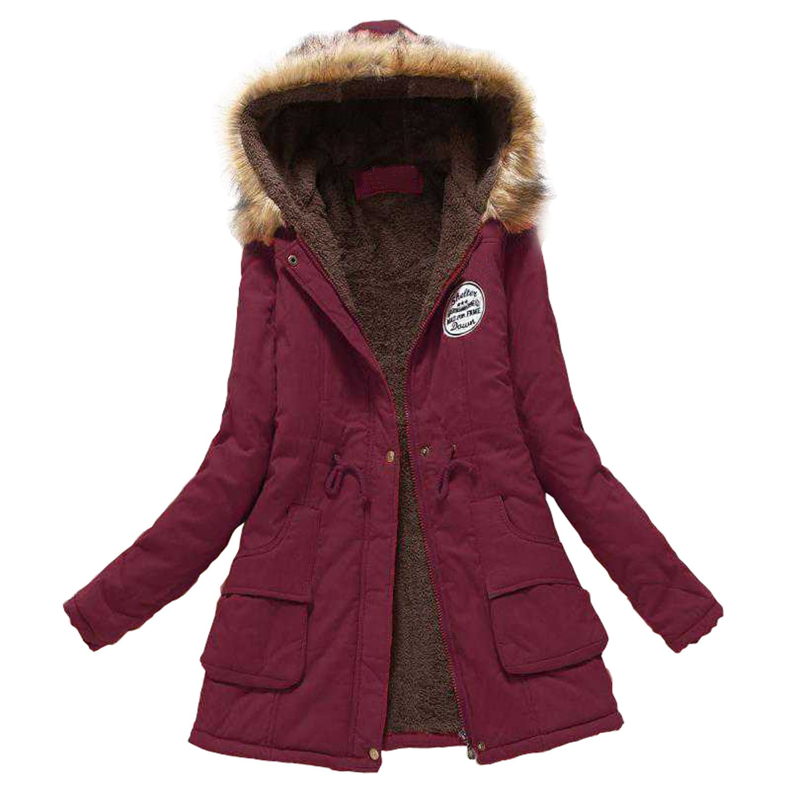 iOPQO Winter Coats for Women Warm Thickened Overcoat Warm Trendy Fleece  Lined Hooded Snow Coat Fleece Jacket,Jackets for Women,Fall Outfits Wine  XXL 
