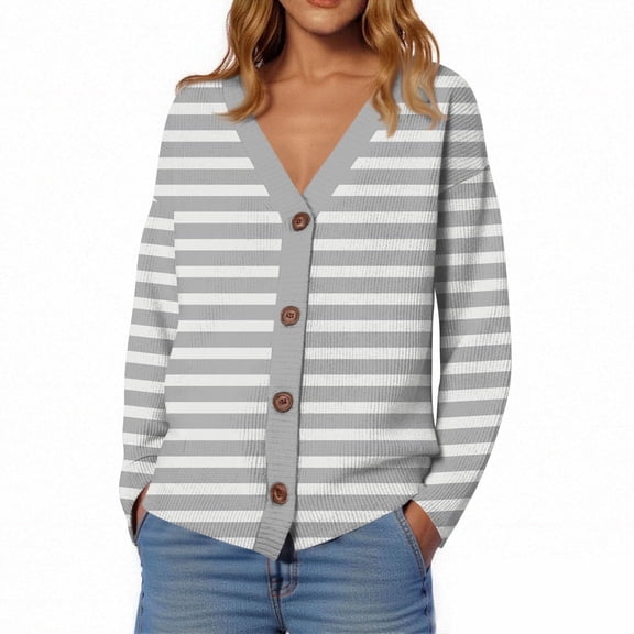 iOPQO Women Cardigan Striped Cardigan Open Front Cardigan for Women Button Up Cardigan Fall Cardigans for Women Light Weight Cardigan Women Spring Cardigan Light Gray S