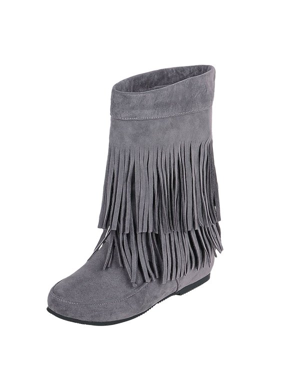Women's Ankle Boots Fringed Boots Women Fashion Increased Flat Bottom Wedges Short Boots Suede Boots tassel boots women's fashion Grey 35